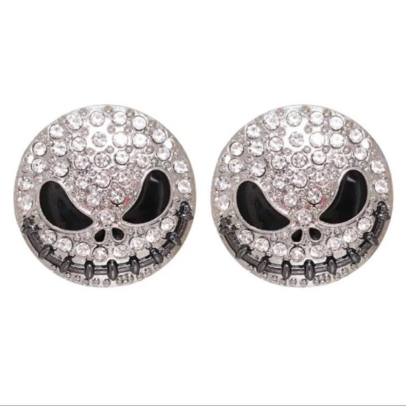 Halloween Skull Statement Earrings Rhinestone Jack Skellington Inspired Stud - Picture 2 of 11